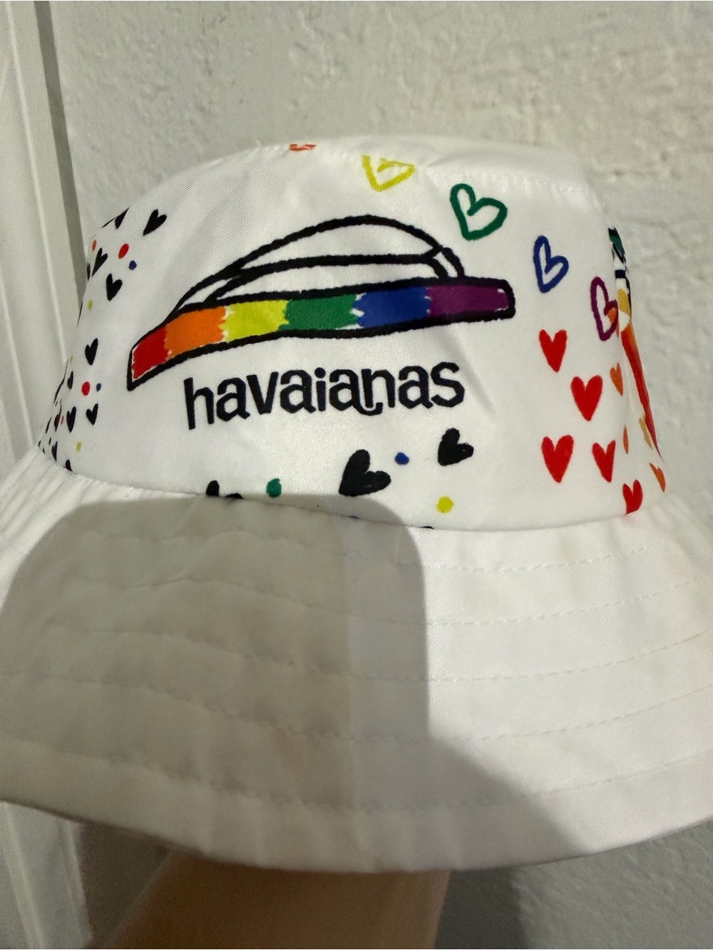 Miami Pride White Bucket Hat with Rainbow Logo and Multicolor Hearts